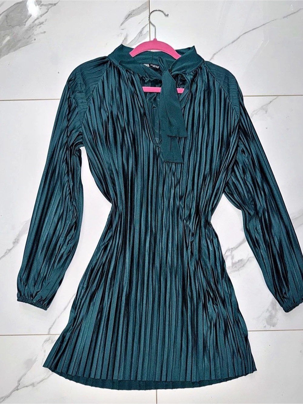 Zara Teal Green Pleated Tie Neck Dress Mini Dress